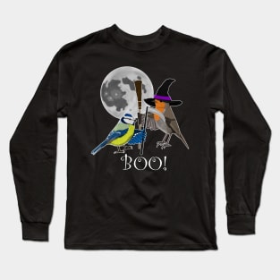 Robin Witch Blue Tit Scythe Bird Funny Halloween Ornithologist Gift Long Sleeve T-Shirt